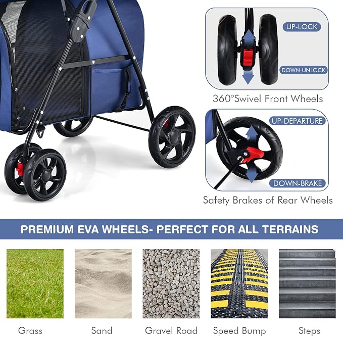 Giantex Double Pet Stroller with 2 Detachable Carrier Bags, Safety Belt, 4 Lockable Wheels, Folding Cat & Dog Stroller for Small Medium Pets, Cats Dogs Puppy Travel Strolling Cart (Navy)