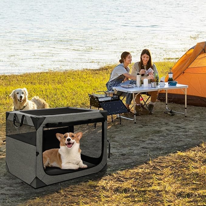 Zikopomi 30 Inch Portable Soft Foldable Dog Crate Dark Grey | 3 Zipper Door, Collapsible Soft Pet Kennel, Foldable Dog Cage, for Small and Medium Dogs, Indoor Outdoor Travel