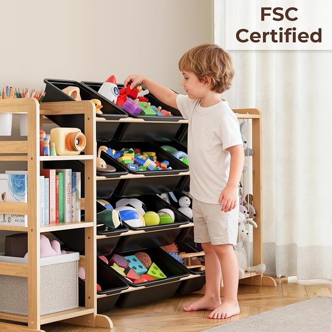 Toy Storage Organizer with Bookshelf and Stuffed Animal Storage - Kids Playroom Organization with Shelves and 16 Toy Bins - Toddler Living Room Toy Box for Lego - Nursery Bedroom Decor Essential