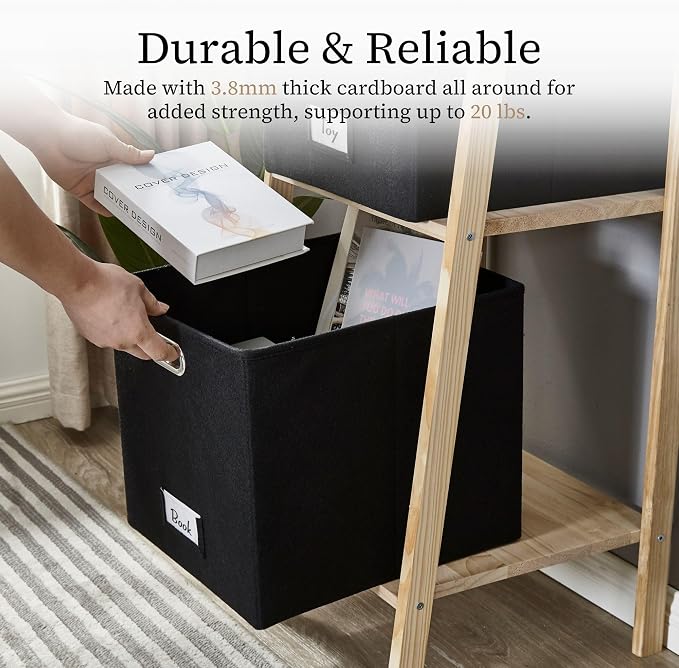 DECOMOMO Felt Storage Bins, 13x15x13 Storage Cube Bins with Labels | 4 Pack Storage Baskets for Shelves, Kallax (Black)