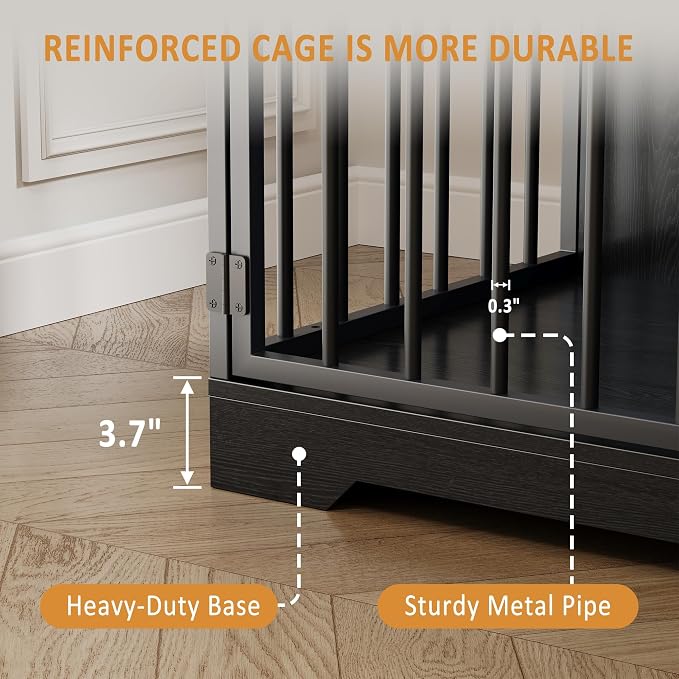 GarveeLife 48'' Dog Crate Furniture with Bowl, Medium Dog Cage, Black | Farmhouse Heavy Duty Dog Kennel with Storage Drawers, End Table for Small Medium Dogs