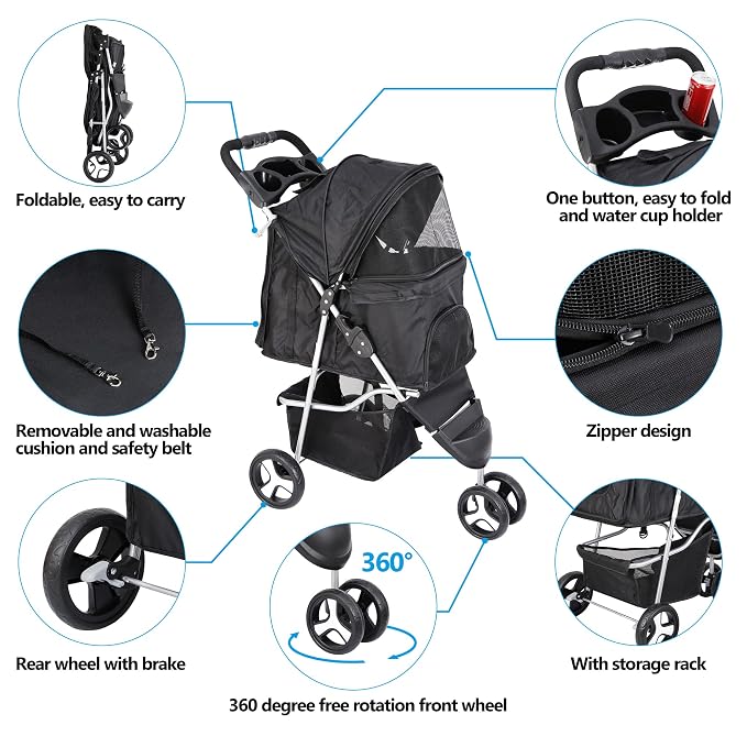 ZENY Pet Stroller for Small/Medium Dogs and Cats Foldable Dog Stroller | 3 Wheels, Pet Strolling Cart, Dog Travel Carrier with Storage Basket, Cup Holder, Black