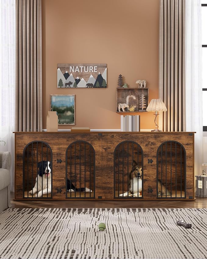 Hzuaneri 86.6" Double Dog Crate Furniture, Dog Kennel Indoor with Cushion | Heavy Duty Dog Crate Furniture for 2 Dogs,Dog Cage End Table TV Stand with Divider for Med-Large Dog,Rustic Brown DFC84001BV1