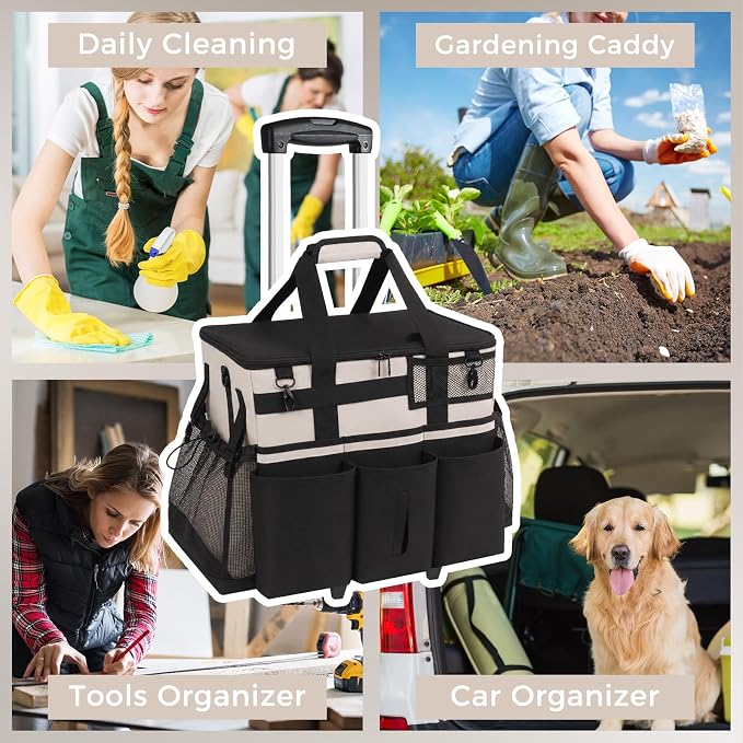 SCAVATA Rolling Cleaning Caddy Bag with Detachable Trolley, Large Cleaning Supplies Organizer with Wheels, Multi-Pocket Cleaning Cart with Adjustable Shoulder Strap for Housekeepers (CreamWhite)