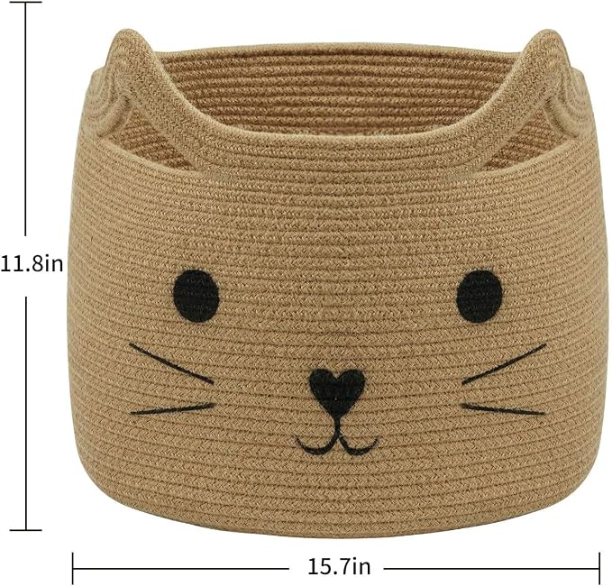 Large Woven Rope Cat Toy Basket with Cat Face Design, Jute | 15.7" x 11.8" Toy Bin & Box for Living Room Nursery, Baby Storage Basket for Towels, Blankets, with Sturdy Handles