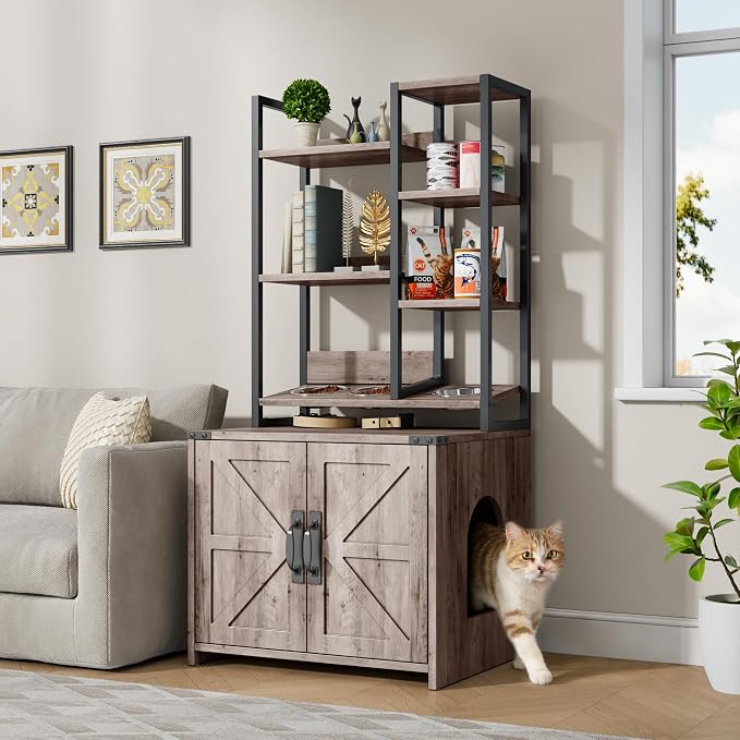 Saudism Cat Litter Box Enclosure with Storage Shelves, Tall Cat Litter Box Furniture Hidden with Feeding Station, Farmhouse Cat LitterBox Cabinet with Barn Door for Living Room, Bedroom, Gray