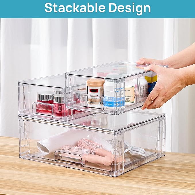 Vtopmart Clear Stackable Storage Drawers, 5 Pack Wide Storage Set | Wide and Small Pull-Out PET Drawers Designed for Large and Small Item Sorting, Cabinets, Closets, Pantry