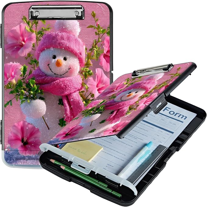 A4 Clipboard with Storage Pen Holder, Clipboards Organizer Nursing Clipboard Foldable File Folder Plastic Clipboard Folio Clip Board for Office Work Classroom Doctor, Pink Flower Snowman
