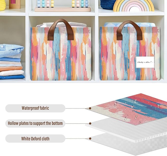 Pastel Rainbow Colored Abstrct Storage Basket Foldable Cube Storage Bin with Handles&Label Collapsible Organizer Box Bin Large Rectangle Decorative Basket for Shelve Home Living Room Closet