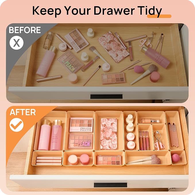Vtopmart 25 Pack Plastic Drawer Organizers with Non-slip Rubber Pads | 4-Size Versatile Makeup Organizer, Storage Containers Small Bins for Makeup, Jewelries, Bedroom, Kitchen Utensils and Office
