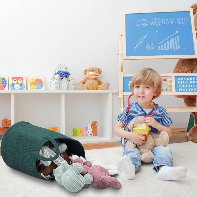 XUANGUO Cotton Rope Laundry Basket Hamper for Clothes Large Dark Green | Baby Nursery Hamper Bin and Woven Storage Basket for Living Room Bedroom Boho Tall Rope Baskets Blankets Toys Pillows Towels