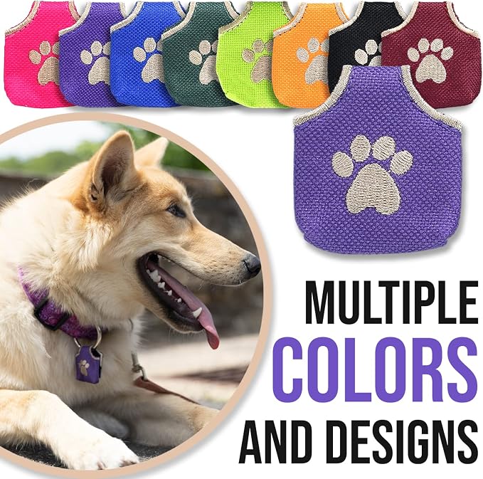 Woofhoof Dog Tag Silencer, Purple Pawprint - Quiet Noisy Pet Tags - Fits Up to Four Pet IDs - Dog Tag Cover Protects Metal Pet IDs, Made of Durable Nylon, Universal Fit, Machine Washable
