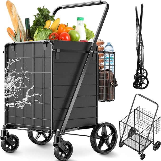 Upgraded Shopping Cart for Groceries,330LBS Jumbo Grocery Cart | Waterproof Liner, 360° Rolling Swivel Wheels and Double Basket, Heavy Duty Folding Shopping Carts for Laundry Transport