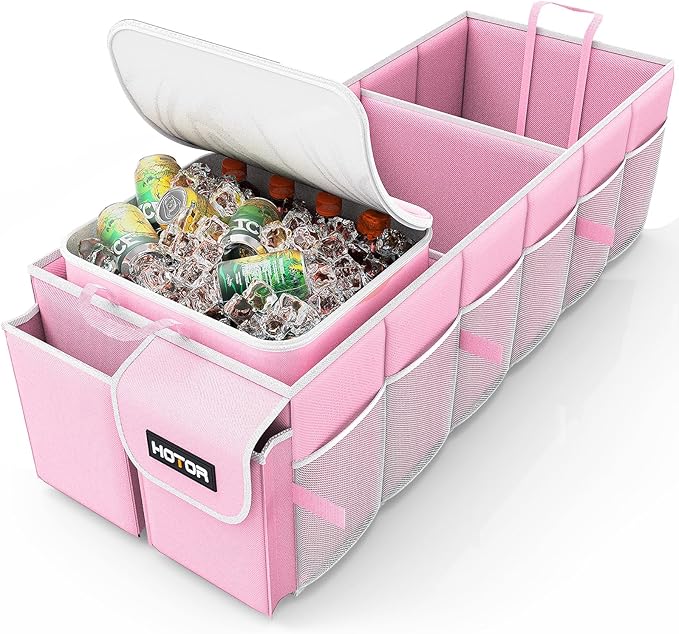 HOTOR Trunk Organizer, Sturdy Foldable with Cooler for Car, Sudan & SUV | Car Organizers and Storage, Detachable Cooler Bag, for Tools, Camping, 3 Compartments, Pink, 31.5” x 12.6” x 10.6”