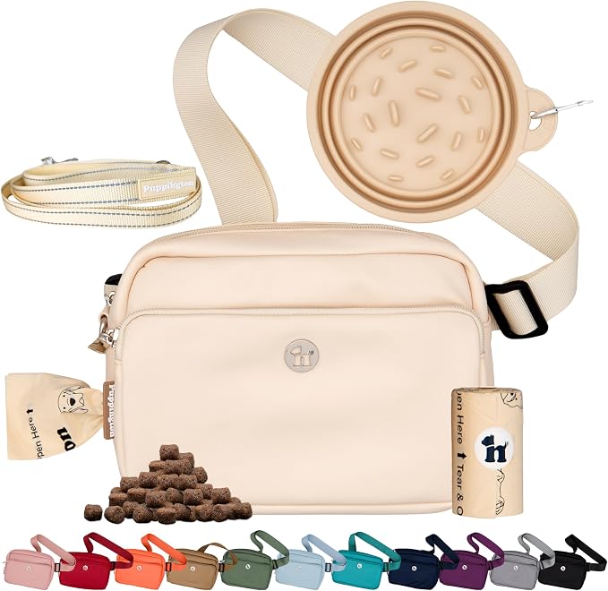 Puppington 3-in-1 Crossbody Dog Treat Pouch for Pet Training - Compostable Poop Bags, Built-In Poop Bag Dispenser, Slow-Feeding Travel Dog Bowl & Reflective Leash - Dog Walking Bag (Vanilla Cream)