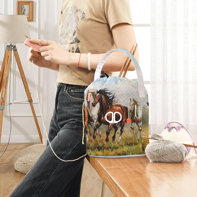 Fustylead Horses Galloping on Grassland Oil Painting Yarn Knitting Crochet Drawstring Bag with Customized Front Compartment, Portable Large Storage Basket for Crocheting Project, Yarn Ball, Needles