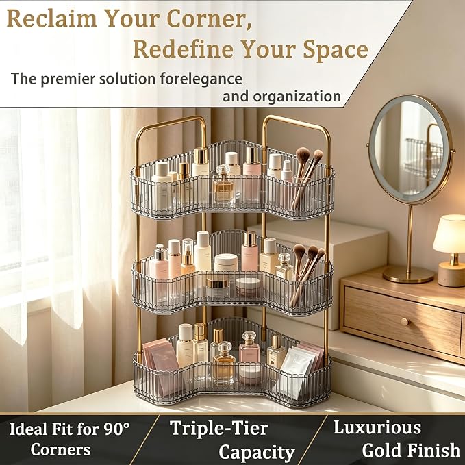3-Tier Corner Bathroom Organizer, Skincare Vanity Counter Shelf Grey | Premium PET Perfume Display Stand with Gold Metal Rods, Space-Saving 90 Degree Storage Rack for Dresser