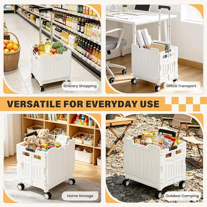 SUNALLY Folding Utility Cart Rolling Crate Handcart Shopping Trolley, White | Lockable Collapsible Tool Box with Lid, Rolling Crate With Wheels for Grocery, Travel, Garden, Shop, Office, Luggage, Teacher