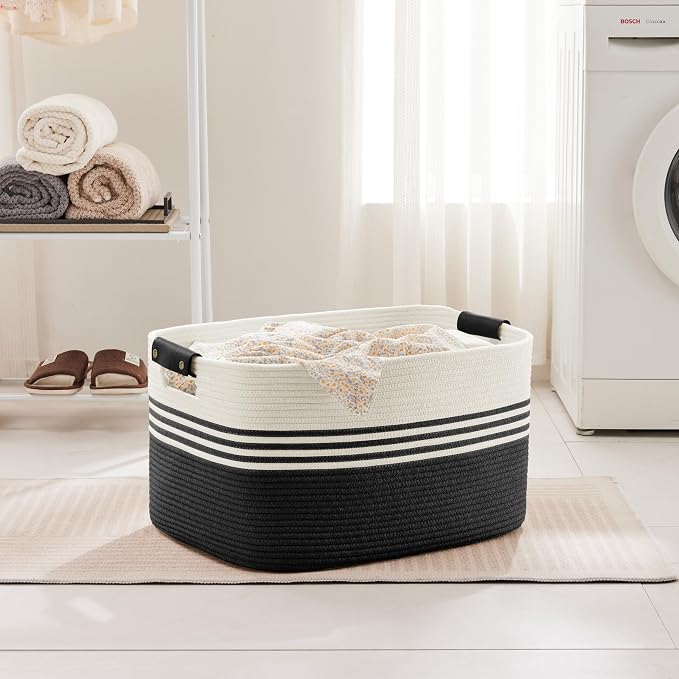 72L Large Woven Laundry Basket Hamper with Leather Handles,Black | collapsible wicker hamper, storage for dirty clothes, toys, blankets, gifts, living room, bedroom, bathroom, 22"x17"x12"