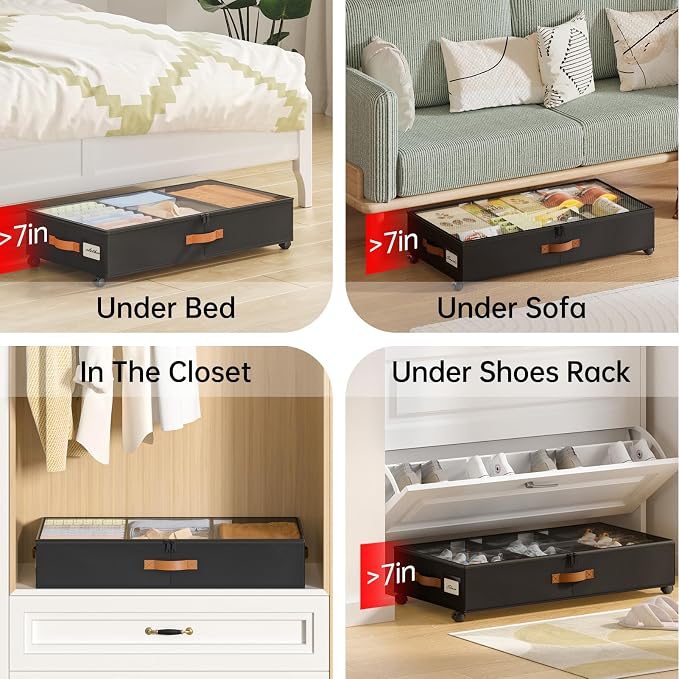 Yecaye Under Bed Storage with Wheels, 2 Pack Under Bed Storage Containers with Adjustable Dividers & Clear Window, Rolling Underbed Organizer Bins Drawers for Clothes, Shoes, Blankets, Black