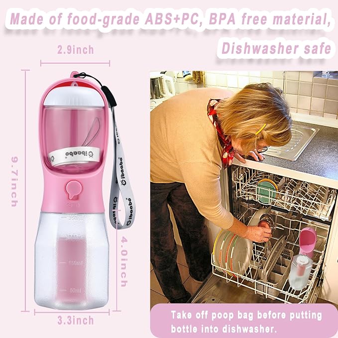 Cibaabo Dog Water Bottle with Food Container & Poop Bag Holder & Filter | Feeding & Hydration & Waste All in One | Travel Puppy Water Bowl | Portable Pet Dispenser | Dog Gifts | for Walking Beach