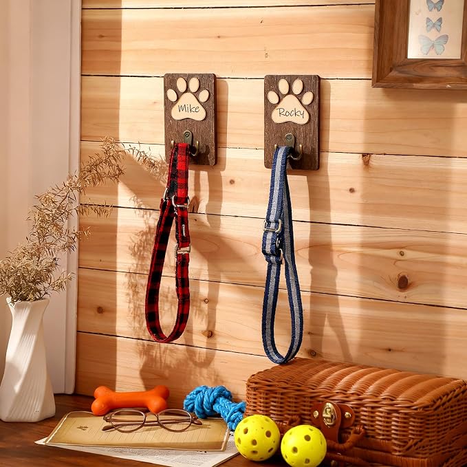Kathfly 2 Pcs Dog Leash Holder Wall Mount Paw Print Pet Harness Hanger with Hook Dog Collar Organizer for Entryway Memorial Cat Leash Holder for Wall