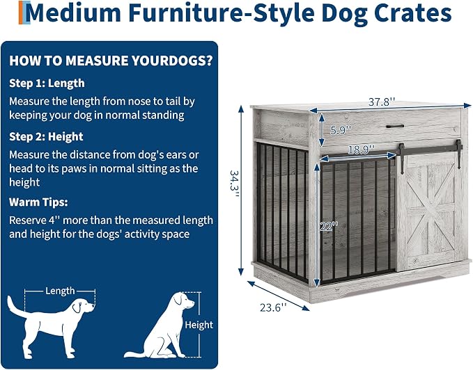 GarveeHome Dog Crate Furniture, 37.8" Large Dog Kennel Indoor, Wooden Kennel Table with Sliding Barn Door and Storage Drawer, Indoor Dog House for Large/Medium/Small Dogs