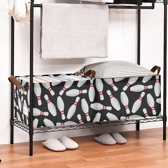 Black Background Bowling Storage Basket Foldable Cube Storage Bins with Handles&Label Waterproof Collapsible Organizer Box Bin Large Rectangle Decorative Baskets for Shelves Home Room Laundry