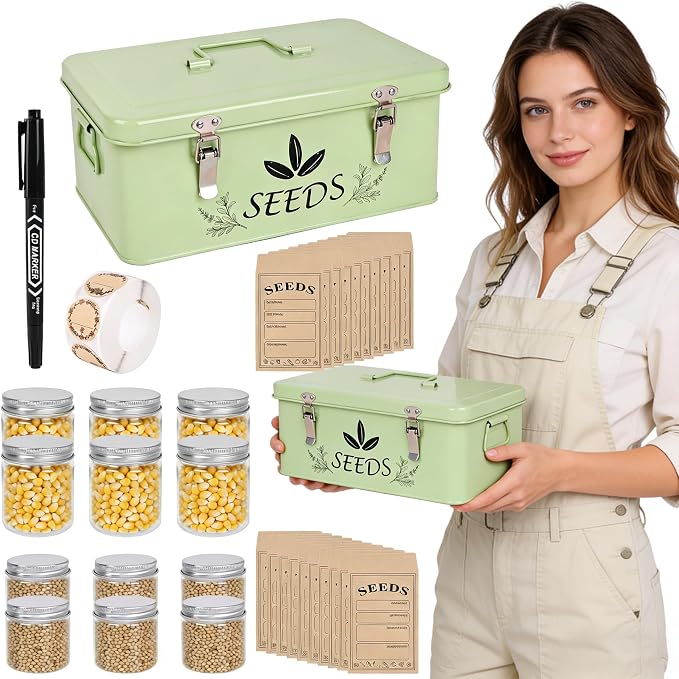 Spring Seed Storage Organizer | 3-Compartment Metal Seed Box with Locking Lid | 18 Wide-Mouth PET Vials, 30 Envelopes, 500+ Labels | Portable Seed Bank & Gift (Mint Green)