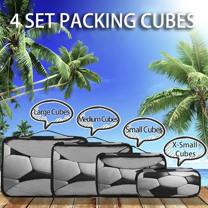 4 Set Packing Cubes for Travel, American Football Packing Cubes for Women, Travel Luggage Packing Organizers, Packing Cube Set, Black and White Soccer