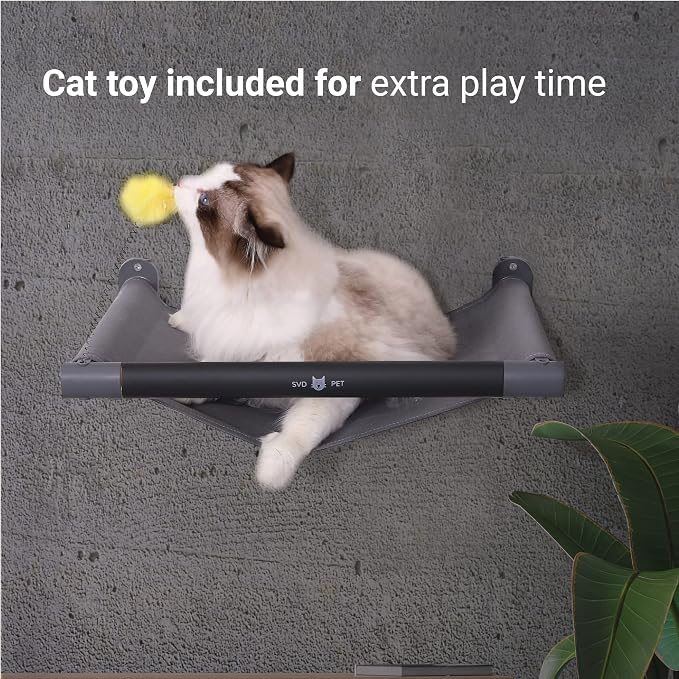 Cat Hammock Wall Mounted with Toy, Soft Padded & Comfortable Cover Premium Wall Furniture. Modern Design Cat Shelf. Supports up to 40 lbs (Comfy Plus, Dark Grey)