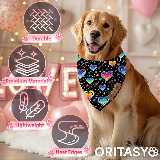 Valentines Day Dog Bandanas, 2-Pack Triangle Reversible Love Pet Scarves, Premium Fabric Bandana (Large, Style 2)