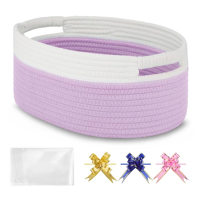 Small Woven Gift Basket with Bag & Ribbons, Purple | Cotton Rope, 13”x 9”x 5.5”, Fits for Kids, Women & Men, Bedroom, Living Room, Nursery & Bathroom Storage, Cat & Dog Toy Boxes