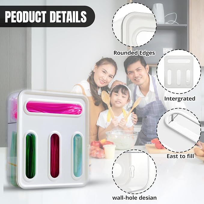 4 IN 1 Food Storge Bag Organizer for Kitchen Drawer, 4-Slot, Wall Mountable | Compatible with Sandwich, Snack, Gallon & Slider Bags, with Locking Lid Design Food Storage Bag Holder, Space saving