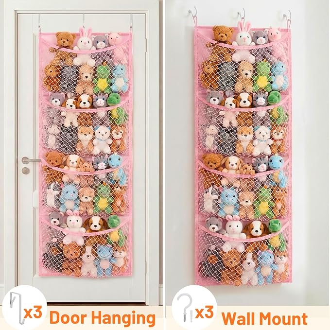 Over The Door Stuffed Animal Storage, Wide, Cotton | Toy Organizer for Storage Plush Toys, Stuffed Animal Holder with 4 Large Pockets, Hanging Door Organizer for Nursery