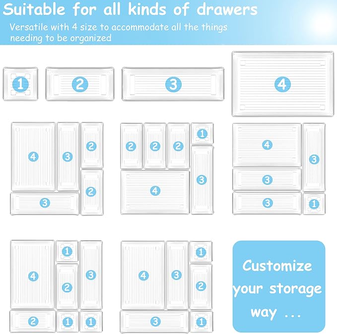 DCA 25 PCS Clear Plastic Drawer Organizer Trays, Storage Bins | Makeup, Kitchen & Jewelry | Multi-size Bathroom Bins | Office | Versatile Organization Solution | Easy to Clean