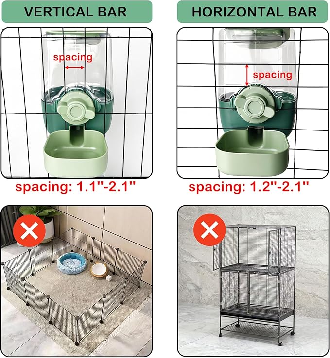 35oz Rabbit Water Bottle, Pet Hanging Automatic Water Dispenser for Small Animal Ferret Guinea Pig Chinchilla Dog Cat (Cage Grid Spacing 1.2''-2.1'') (Green)