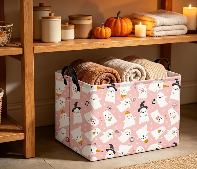 Rectangular Halloween Basket for Boys and Girls Kids Trick or Treat Pumpkin Basket for Halloween Parties Cute Storage Bin Organizer Box Room Decor(Pink Ghost)