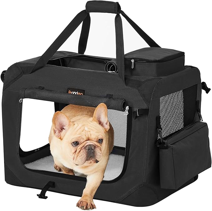 Feandrea Collapsible Soft Dog Crate, Portable Travel, 24 Inches | Dog Carrier Kennel with Safety Zippers for Living Room, Car, Travelling, Black UPDC60H