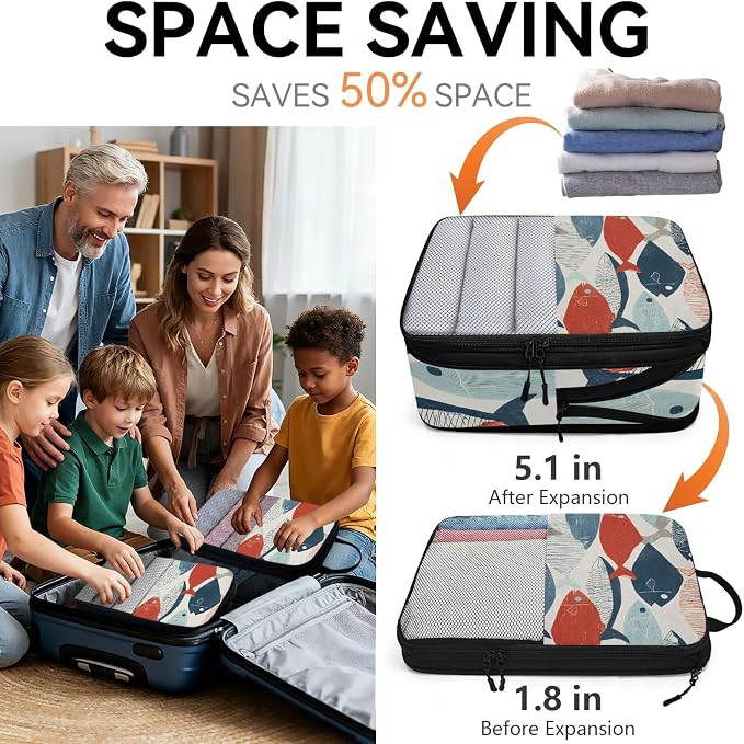 TropicalLife Cute Boho Fish 6 Set Compression Packing Cubes | Compressible Expandable Luggage Suitcase Organizer Bags Space Saver Bags for Carry on
