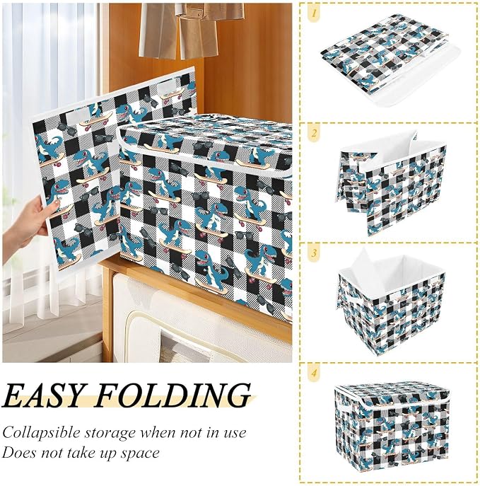 Dino Scooter Fabric Storage Bins with Lid Closet Storage Basket 40L | Decorative Storage Boxes, Dust-Proof Flip Top, Reinforced Handles, For Home & Bedroom, Clothes & Toy Box, Dino Fabric Print