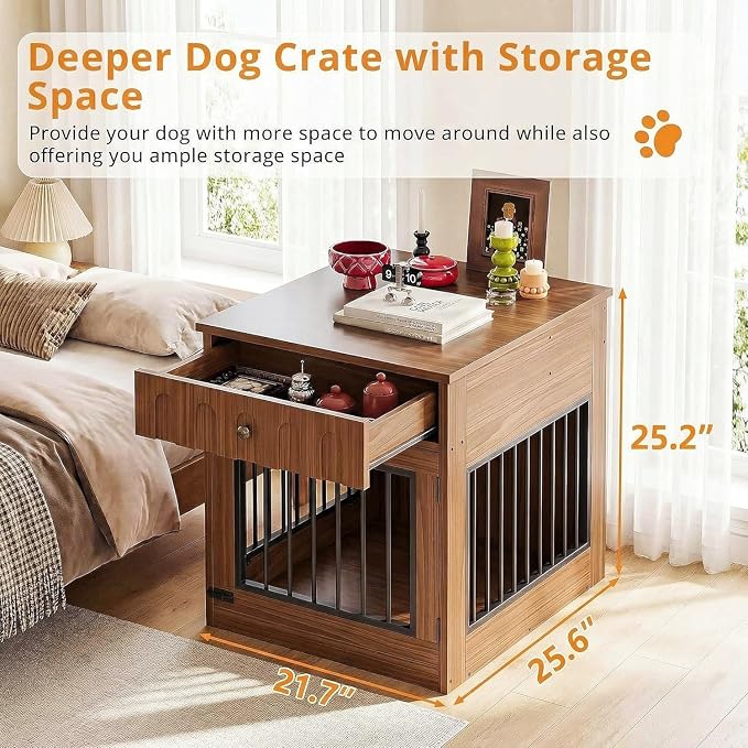 IRONCK 25.6" Wooden Dog Crate Furniture with Storage for Small Dogs | Drawer and flip top keep pet supplies tidy. Reinforced steel frame. Walnut finish for living rooms and hallways.