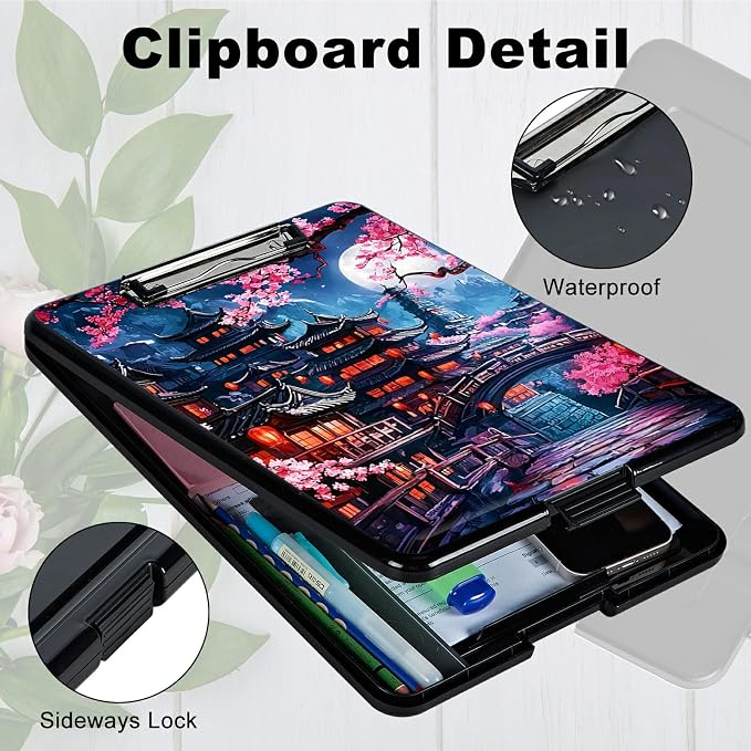 Cherry Blossom House A4 Clipboard with Storage Pen Holder, Clipboards Organizer Nursing Clipboard Foldable File Folder Plastic Clipboard Folio Clip Board for Office Students Classroom