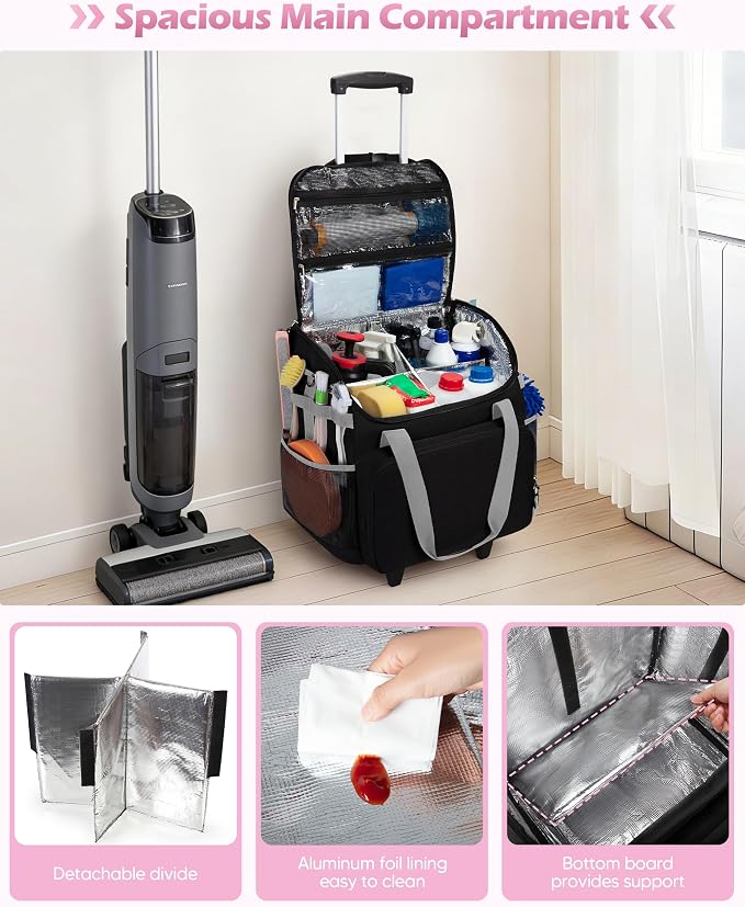 Marscamd Large Rolling Cleaning Caddy Bag with Detachable Trolley, Black | with Detachable Shoulder Strap, Cleaning Bags for Housekeepers on Wheels