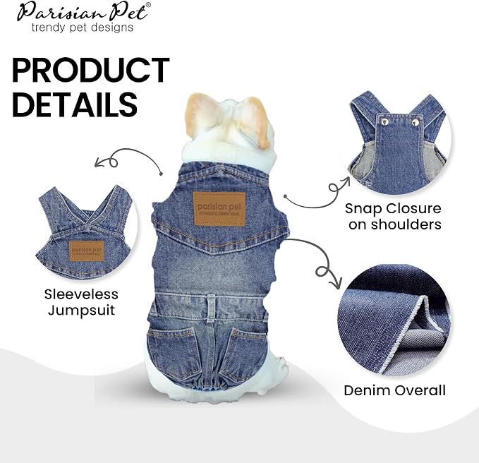Parisian Pet Dog Overalls - Blue Denim Dog Clothes - Breathable Sling Puppy Jumpsuit - Durable and Trendy Overalls for Dogs - Comfortable Jeans Dog Clothes for Small Dogs - Classy Pet Apparel