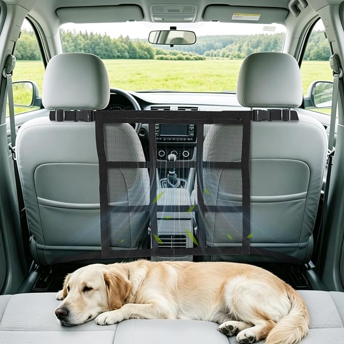 Dog Car Net Barrier Double Layer Mesh with Zipper Organizer Storage | Cars Seat Divider for Pet with Adjusting Rope and Hook Breathable Dogs Travel Accessory Universal Fit for SUV Sedan Truck