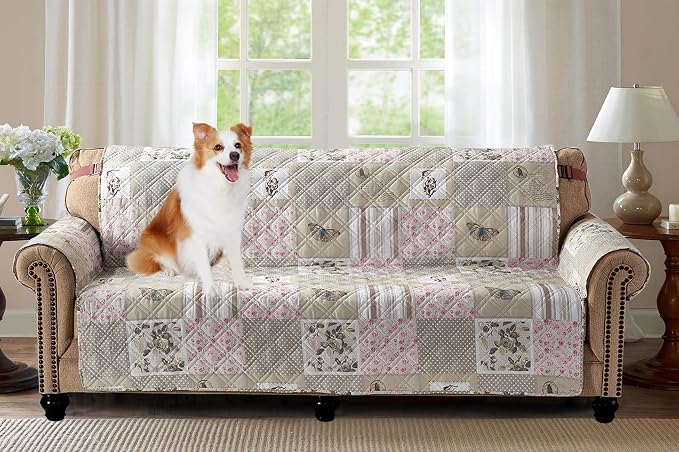 Brilliant Sunshine Grey Cupid & Pink Roses Patchwork Couch Cover, 70" seat | Quilted Sofa Cover, Living Room & Bedroom Furniture Protector, Large Washable Slipcover for Pets, Dogs & Cats