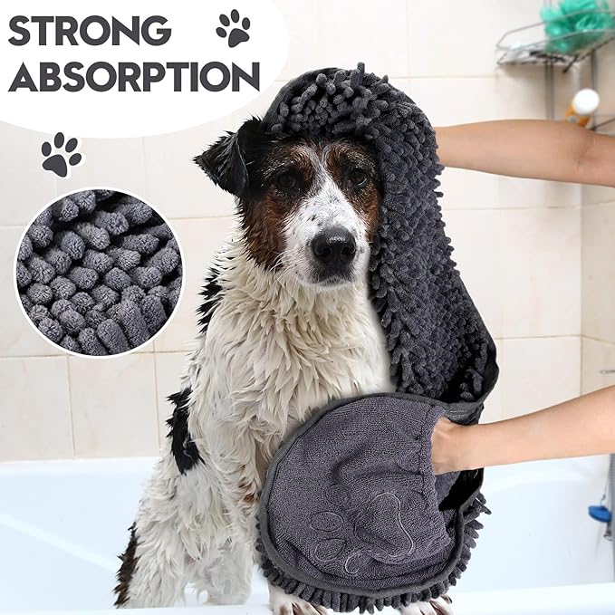 Newwiee 4 Pcs Large Dog Towels for Drying Dogs with Hand Pocket Microfiber Shammy Towel 32 x 14 in Dog Bath Towel Absorbent, Quick Drying, Machine Washable for Pet Puppy Clean Shower Supplies(Grey)
