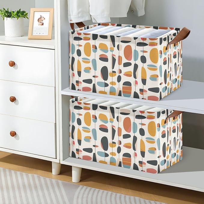 Geometric Mid Century Modern Storage Bins for Shelves with Labels&Handles Fabric Organizer Bin Foldable Rectangle Storage Basket Boxes for Closet, Bathroom, Home, Living Room