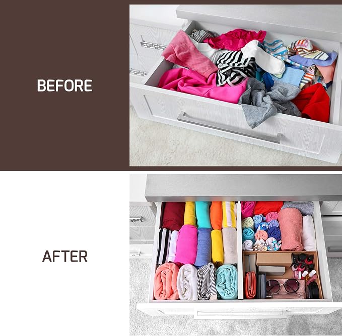 6-Pack Drawer Dividers 2.6-Inch High Dresser Organizer 16 to 22 Inch, White | Bamboo, Spring Loaded, No Tools Needed, Fits Wide Drawers for Socks, Clothes, Utensils, Bedroom, Bathroom, Kitchen, Office